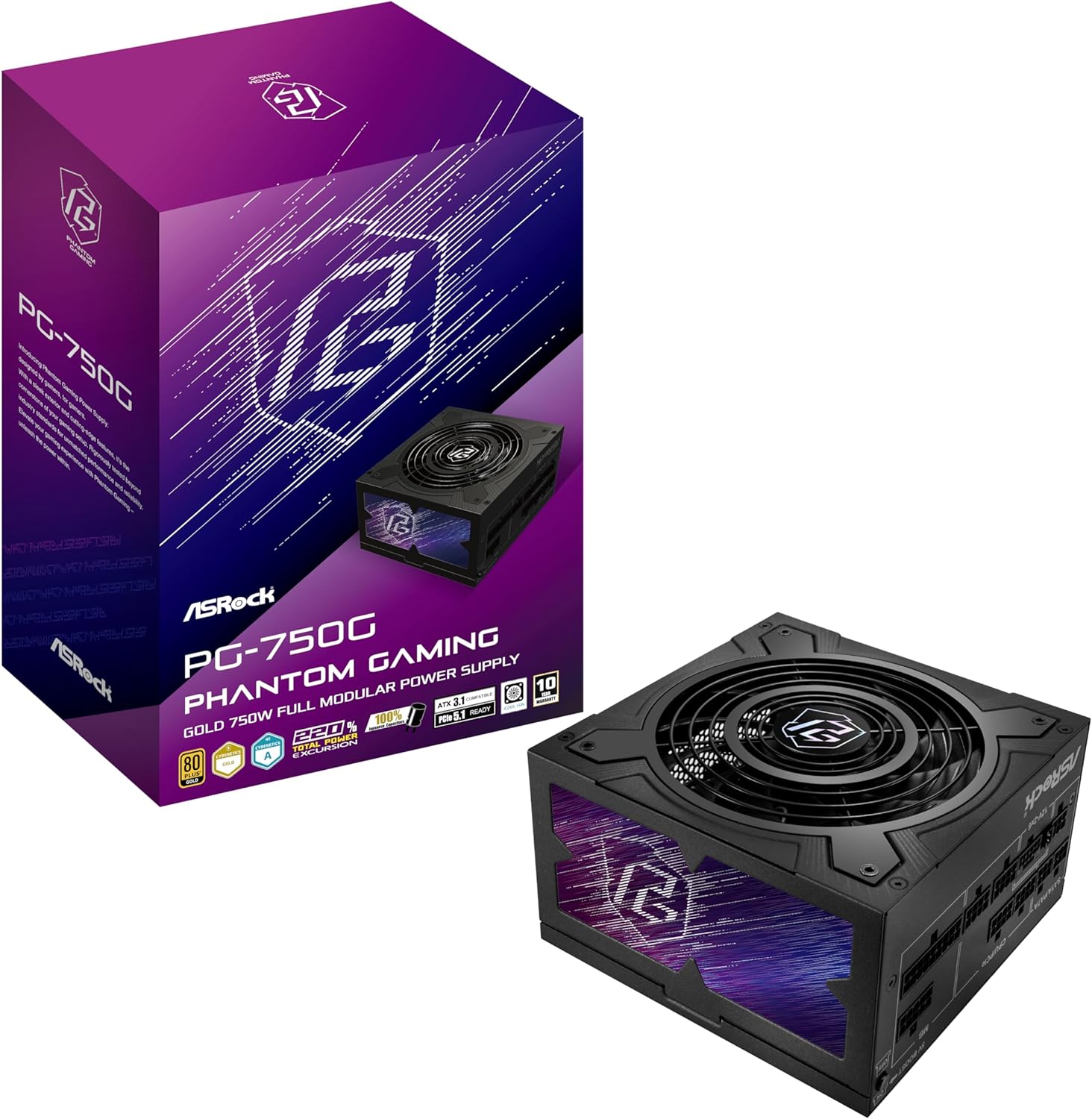 ASRock Phantom Gaming PG-750G ATX 3.1 750W Power Supply Fully Modular Individual Braided Pattern PCle 5.1 10 Years Warranty Enthusiast Gamers 80 Plus Gold Cybenetics Platinum 12V-2×6 Cable
