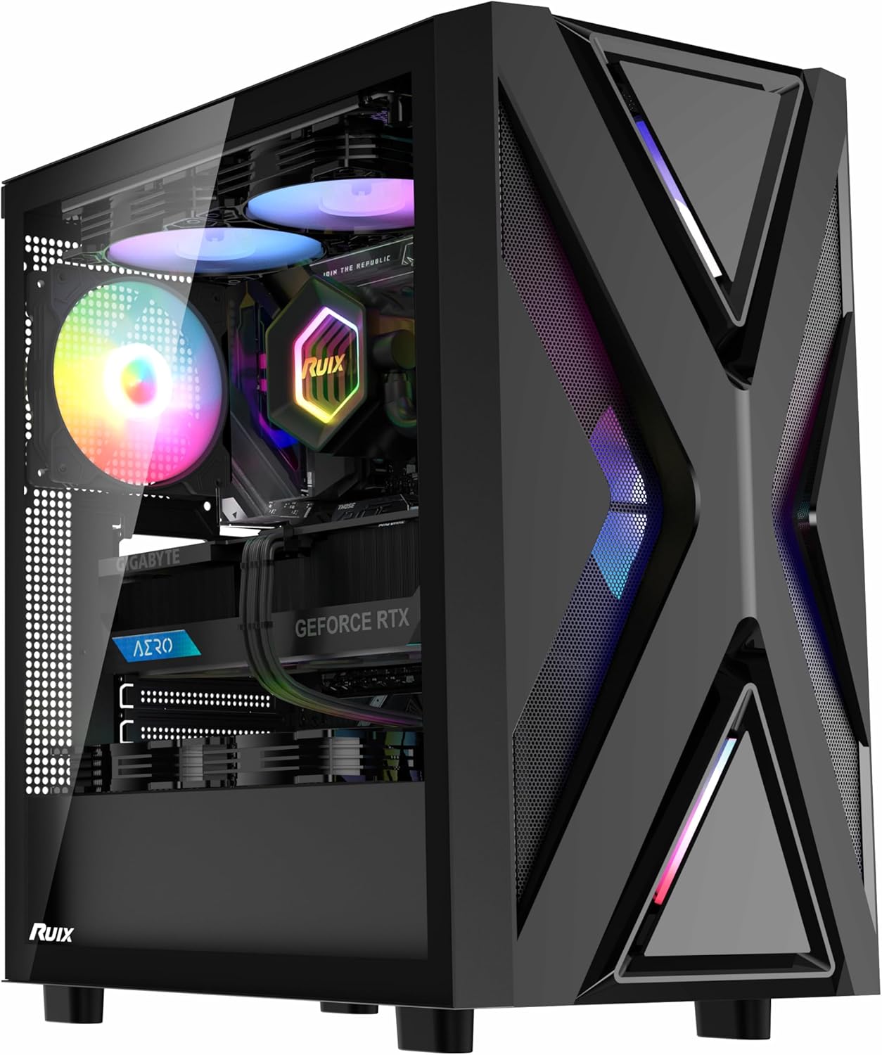 RUIX CV203 ATX Mid-Tower PC Case, Pre-Installed 4 x 120mm RGB Fans, RGB Color Lighting, Tempered Glass, USB 3.0, Multi-Purpose, High-Airflow – Black