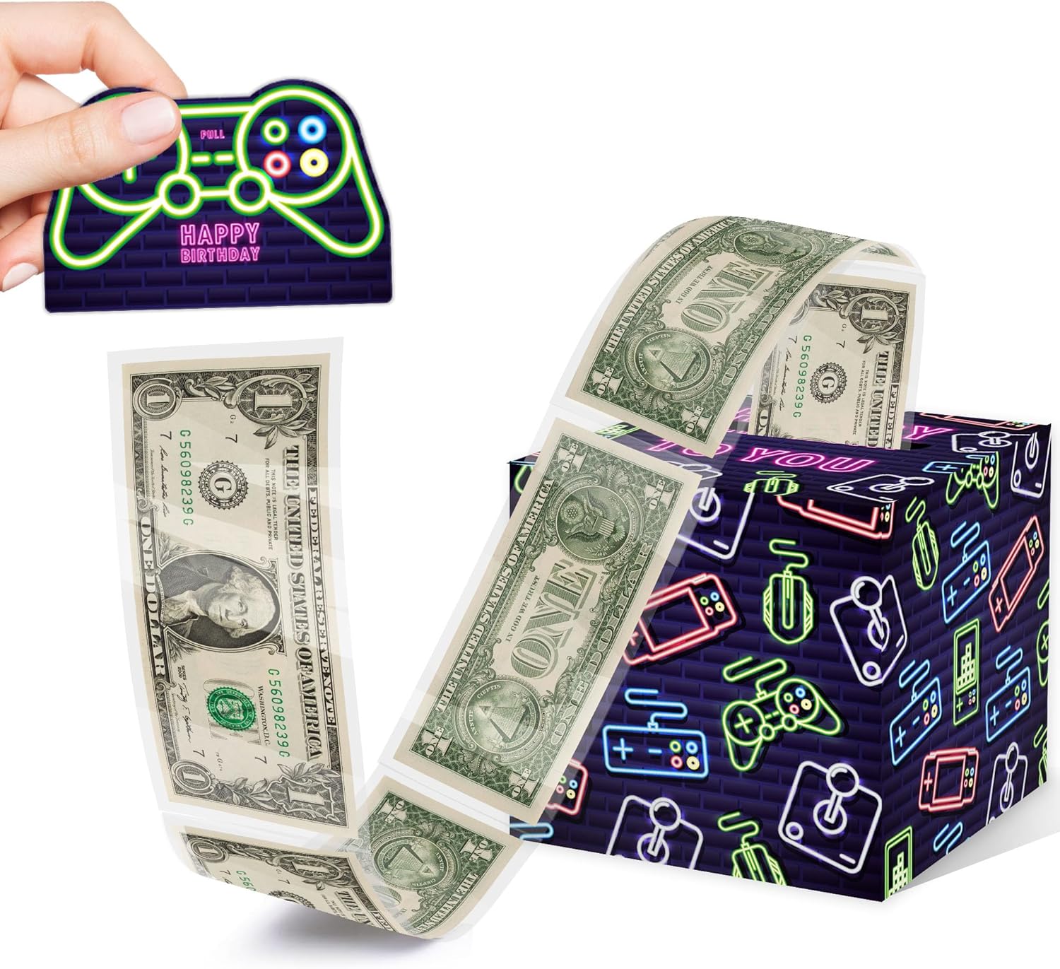 Neon Surprise Money Box Gift Pull for Game Lover- Happy Birthday Money Box for Cash Gift Set Included Happy Birthday Card and 35Pcs Transparent Bags, Fun Birthday Gift for Kids Boys Girls