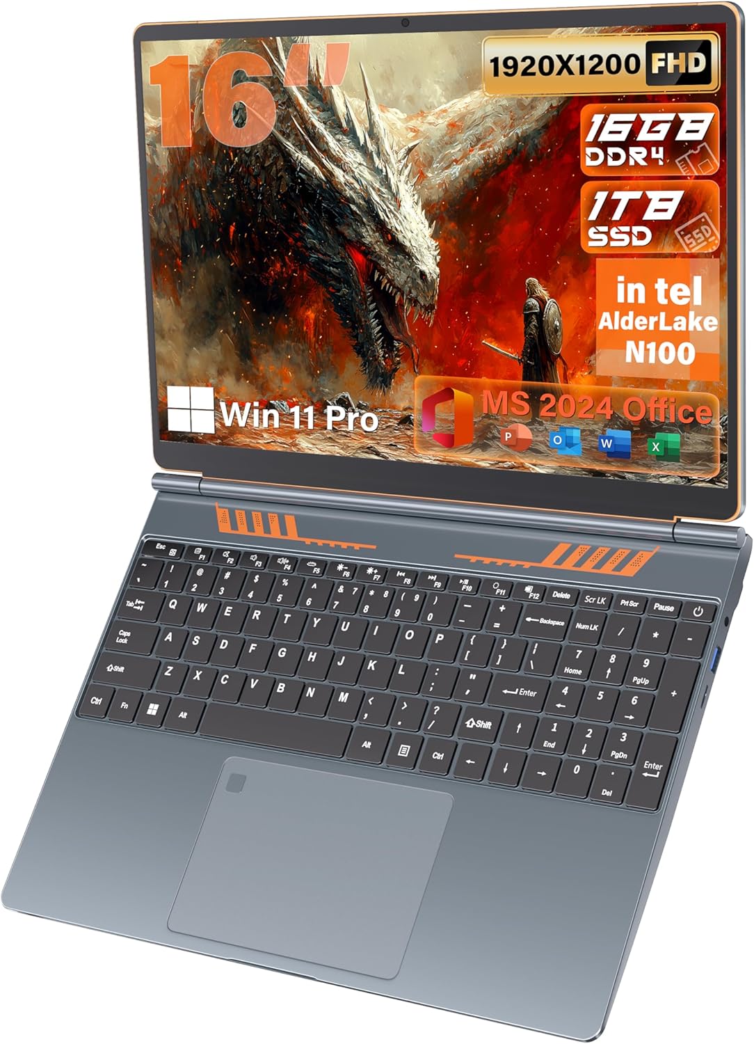 【Win 11 Pro/MS Office 2024】16″ Gaming Laptop Computer – Intel N100 Processor (3.4GHz), FHD 1920*1200, 16G RAM , Fingerprint, Backlit Keyboard, 180° Hinge, Lightweight for Business & Student (1T SSD)