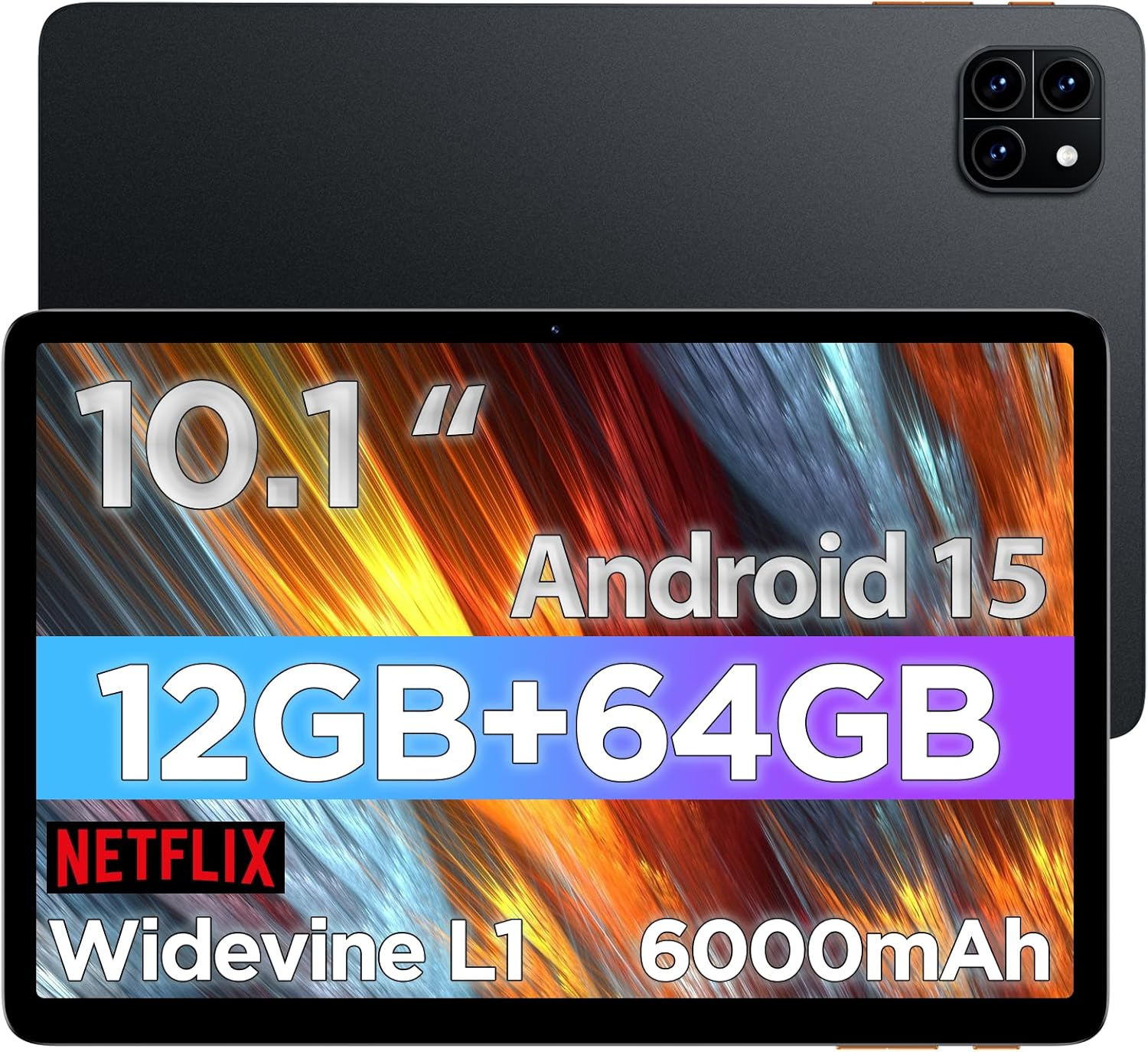 Android Tablet, 10.1 inch Android 15 Tablet, Octa-core CPU, 2 Years Protection, RAM 12GB, ROM 64GB (Up to 2 TB), 800×1280 Resolution, WiFi 6 & Bluetooth 5.4, Dual Speakers, 5MP+8MP, 6000mAh, Black