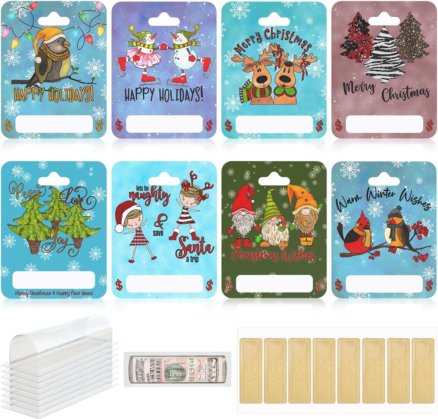 Christmas Money Holder Ornaments for Gifting Cash, Checks, Variety of Colors, and Designs of Money Gift Card with Plastic Cover and Adhesive for Christmas Decoration（8 Pack ）