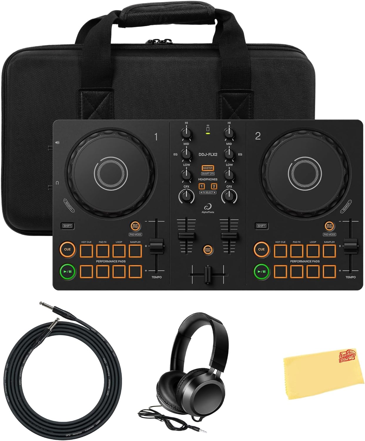 Pioneer DJ AlphaTheta DDJ-FLX2 Compact 2-Channel DJ Controller Bundle with Case, Instrument Cable, Headphones, and Austin Bazaar Polishing Cloth