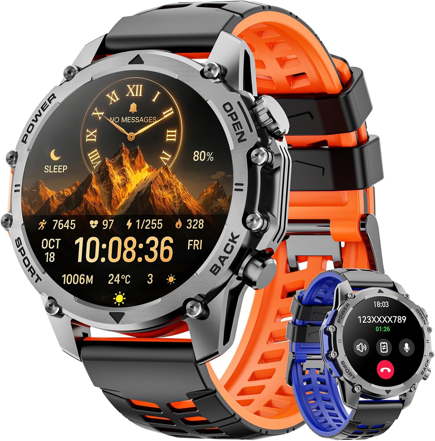 Smart Watch (Call/Notification),1.52” Military Smart Watches for Men, Two Style Kits,Flashlight,100+Sport Modes/Heart Rate/Sleep Monitor/Pedometer, Fitness Tracker Android Phones iPhone Compatible