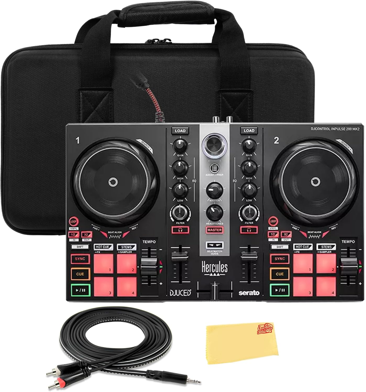 Hercules DJControl Inpulse 200 MK2 2-Channel DJ Controller Bundle with Case, TRS-to-RCA Breakout Cable, and Austin Bazaar Polishing Cloth