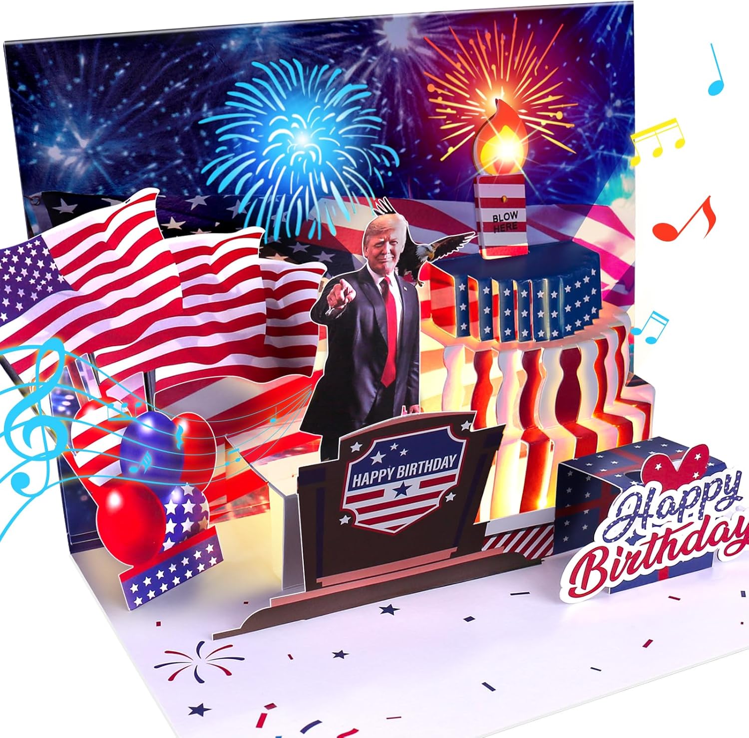 Birthday Card, Musical Pop Up Greeting Cards w Light, Blow Out Candle & Play Happy B-day Music Pop Up Card, Greeting Cards Gifts for Him or Her (Birthday Song, Presidential Blessings & Surprise)