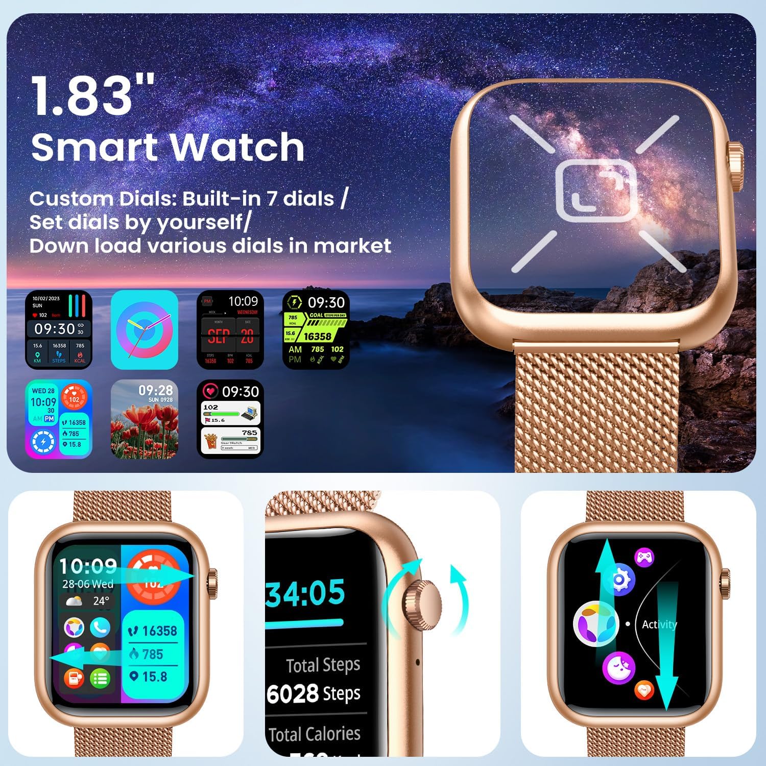Smartwatch for Women Android Fitness Tracker: Gold Smart Watch Answer/Make Bluetooth Call Digital Watch Compatible Android ios phone IP67 Waterproof 123 Sport Mode Wrist Pedometer Heart Rate Monitor