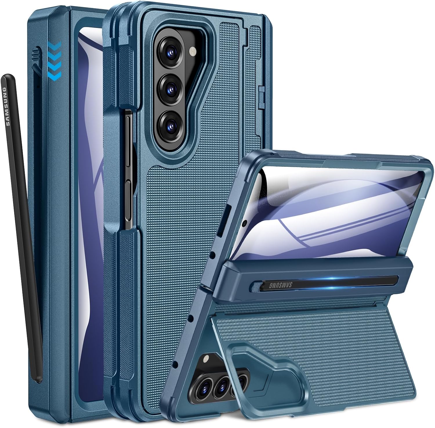 Caka for Samsung Galaxy Z Fold 5 Case [Thinner S Pen Holder] [Invisible Kicktand] [Hinge Protection] [Screen Protector] Full Body Hard Shockproof Phone Cover with Anti-Slip Textured for Fold5 – Blue