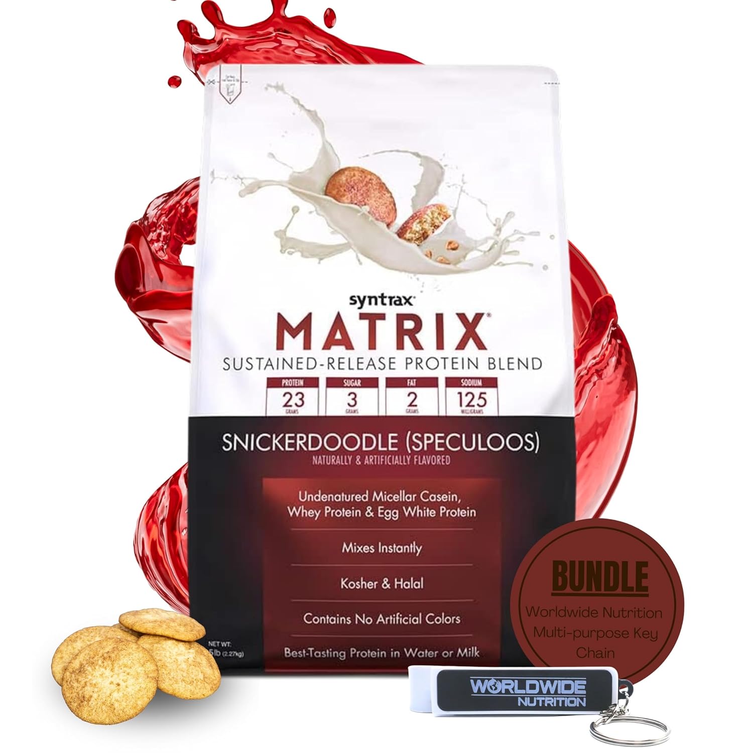 Syntrax Bundle: Matrix Protein Powder Sustained-Release Casein Protein and Whey Protein Powder – Instant Mix Snickerdoodle Protein Powder Flavor, 5lbs with Worldwide Nutrition Keychain
