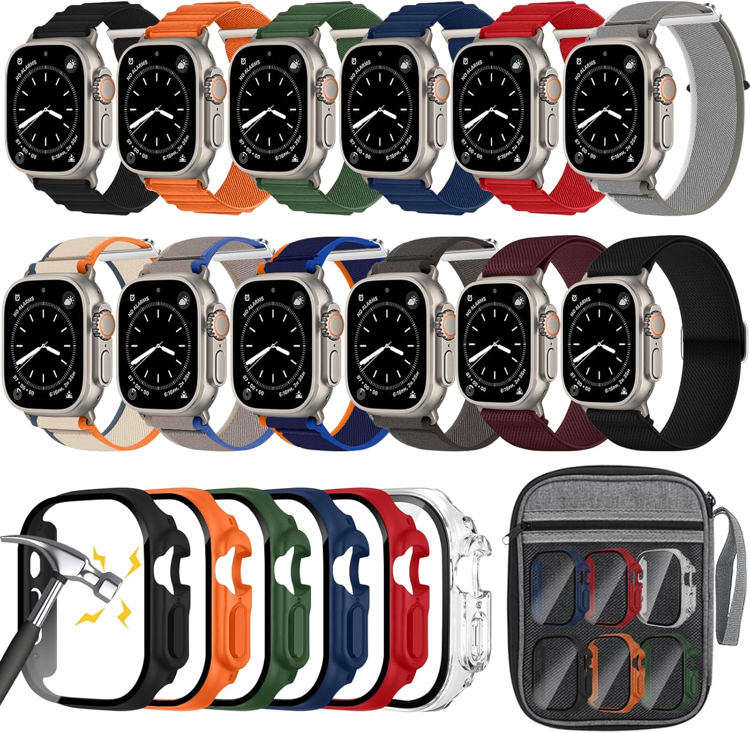 12pack Watch Band and 6pack Watch Case Compatible With Apple Watch Ultra 2/Ultra 49mm Bands with Screen Protector, Nylon Band Case Organizer for iWatch Ultra 2/Ultra