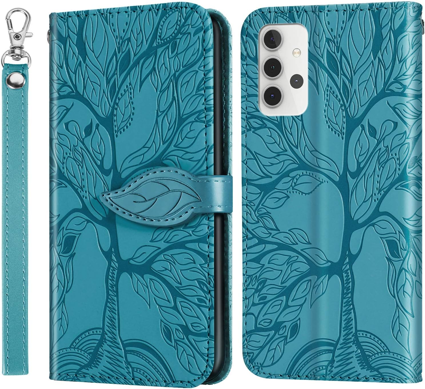 Samsung Galaxy A32 5G Wallet Case PU Leather Folio Flip Kickstand Cover with Wrist Strap Card Slots Phone Case for Samsung A32 5G, Tree of Life Turquoise