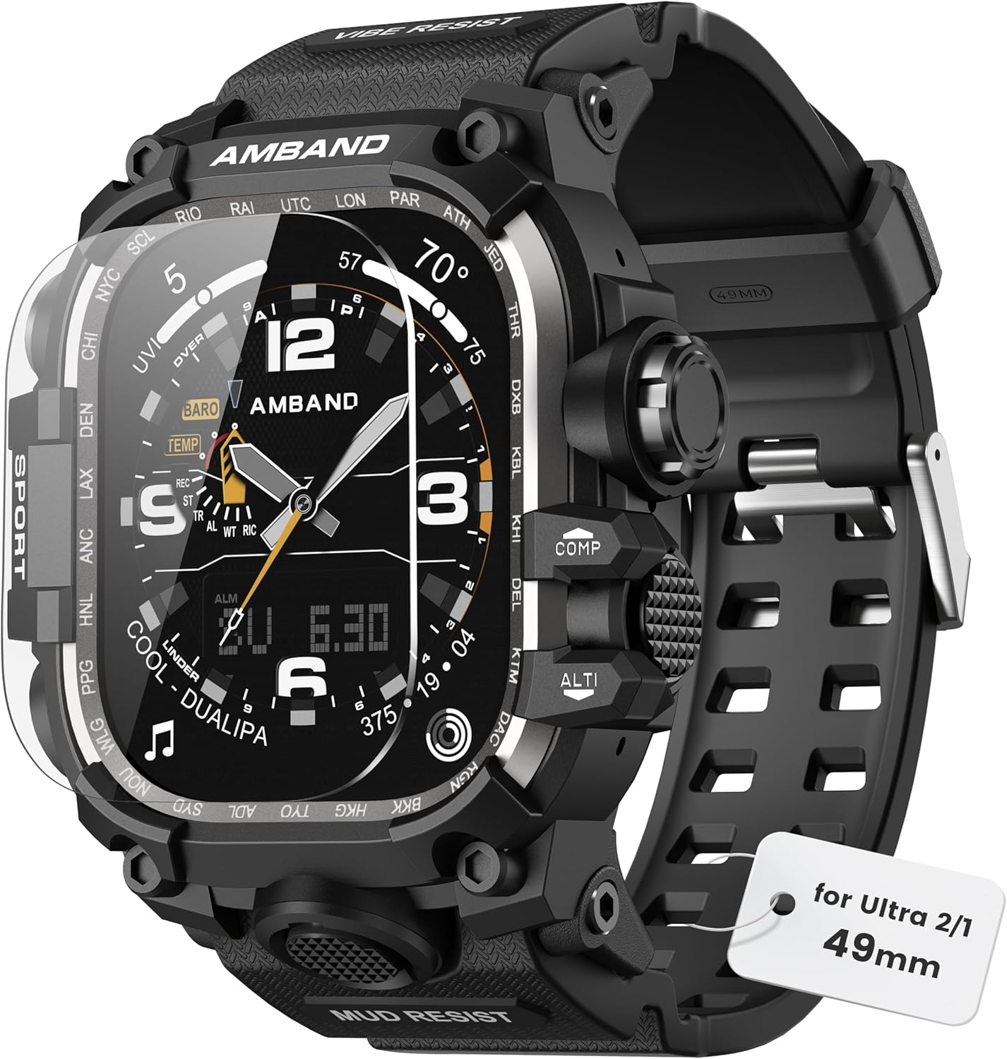amBand Rugged Case with Band for Apple Watch Ultra 2/1 49mm, M3 Military Grade Shockproof Protective Bumper Cover + Screen Protector, Tactical Strap Accessory for iWatch, Gift for Men, Matte Black