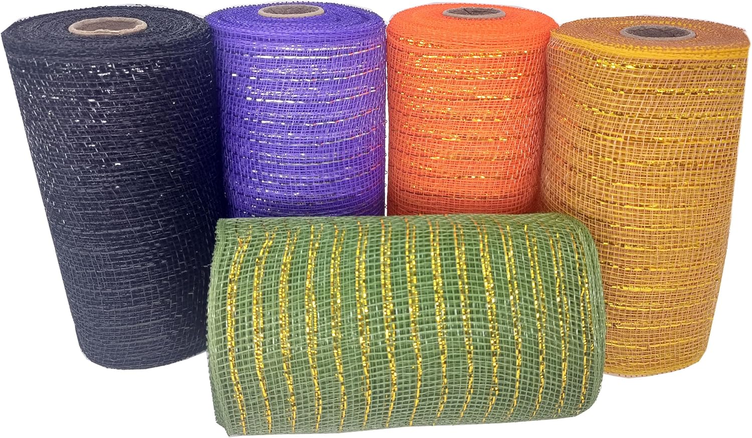 5 Rolls Fall Halloween Deco Mesh Ribbon for Wreath, 50 Yards Mesh Roll Poly Metallic Foil Ribbon for Thanksgiving Spring(6 Inch)