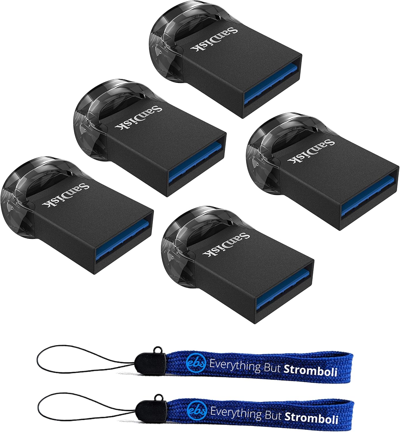 SanDisk Ultra Fit USB 3.1 Low-Profile Flash Drive (5 Pack) SDCZ430 Pen Drive Bundle with (2) Everything But Stromboli Lanyard (128GB FD Ultra Fit)